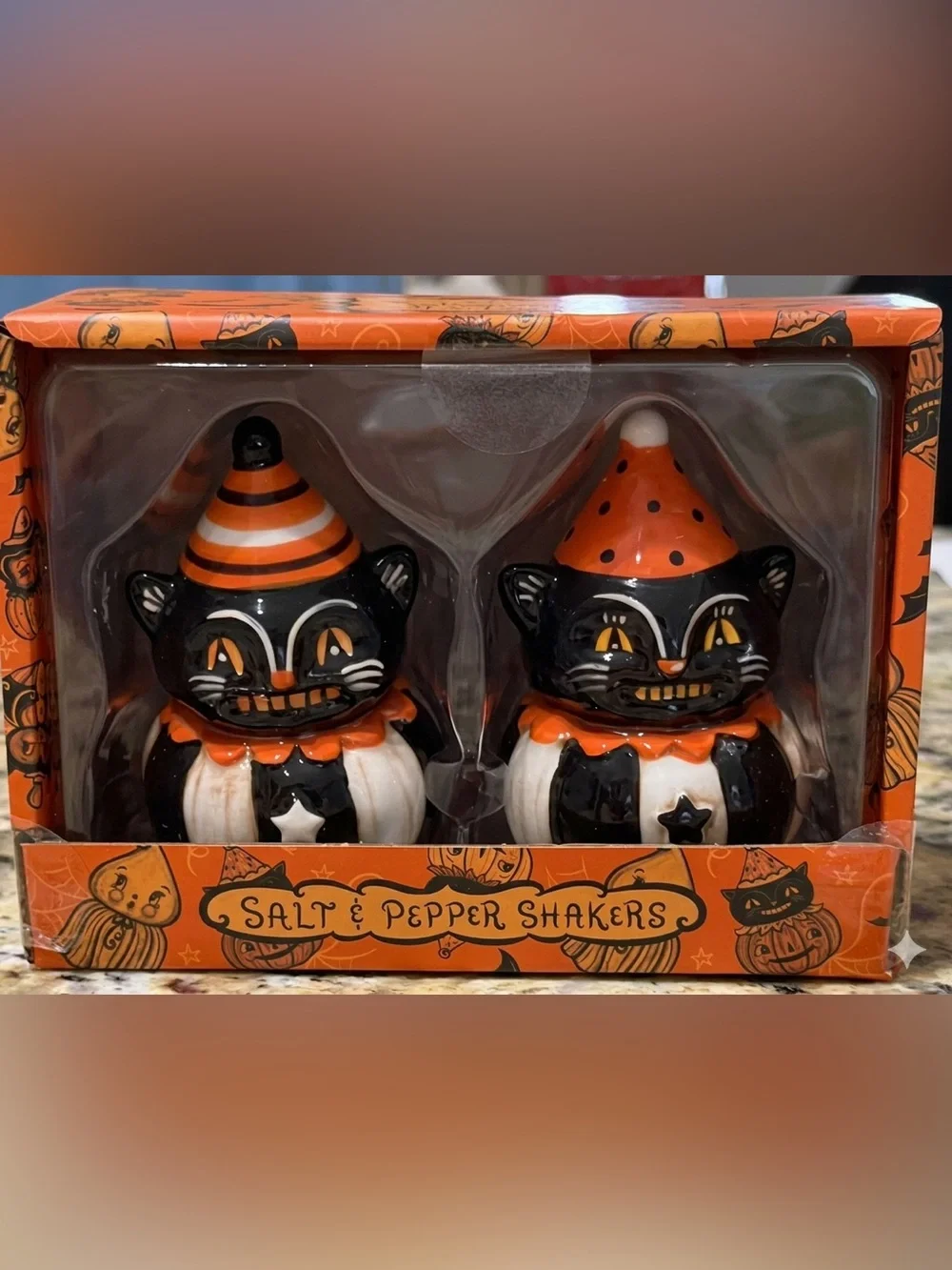 NIB Johanna Parker Halloween Black Cat Salt & Pepper Shaker Set Transpac